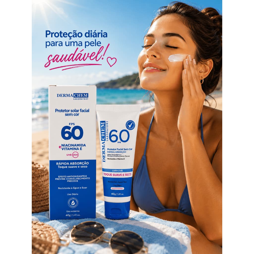 Protetor Solar Facial FPS 60 Toque Seco Anti-Idade Proteção UVA UVB 40g Dermachem