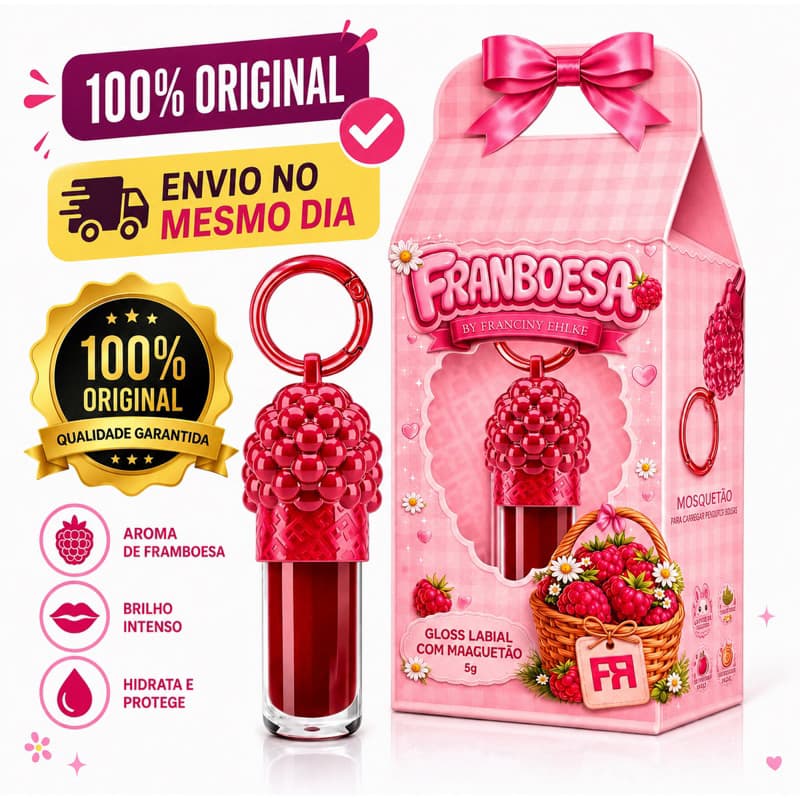 Gloss Franboesa  Original com Mosquetão Chaveiro Brilho Labial Hidratante 5g Design Criativo Maquiagem Feminina