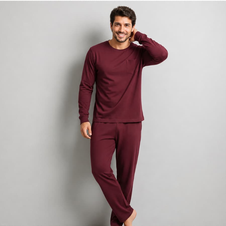 1 Conjunto de Pijama Masculino Adulto Manga Longa Calça em Malha Confortavel Inverno