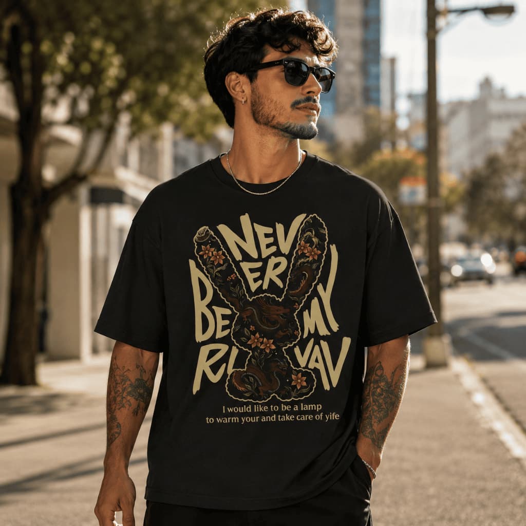 Camiseta Masculina Oversized Never Betray My Vibe Estampa Dragão Streetwear Algodão Premium