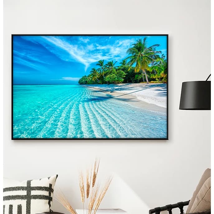 Quadro sem Vidro Paisagem Praia de Águas Cristalinas e Palmeiras Quadro Decorativo