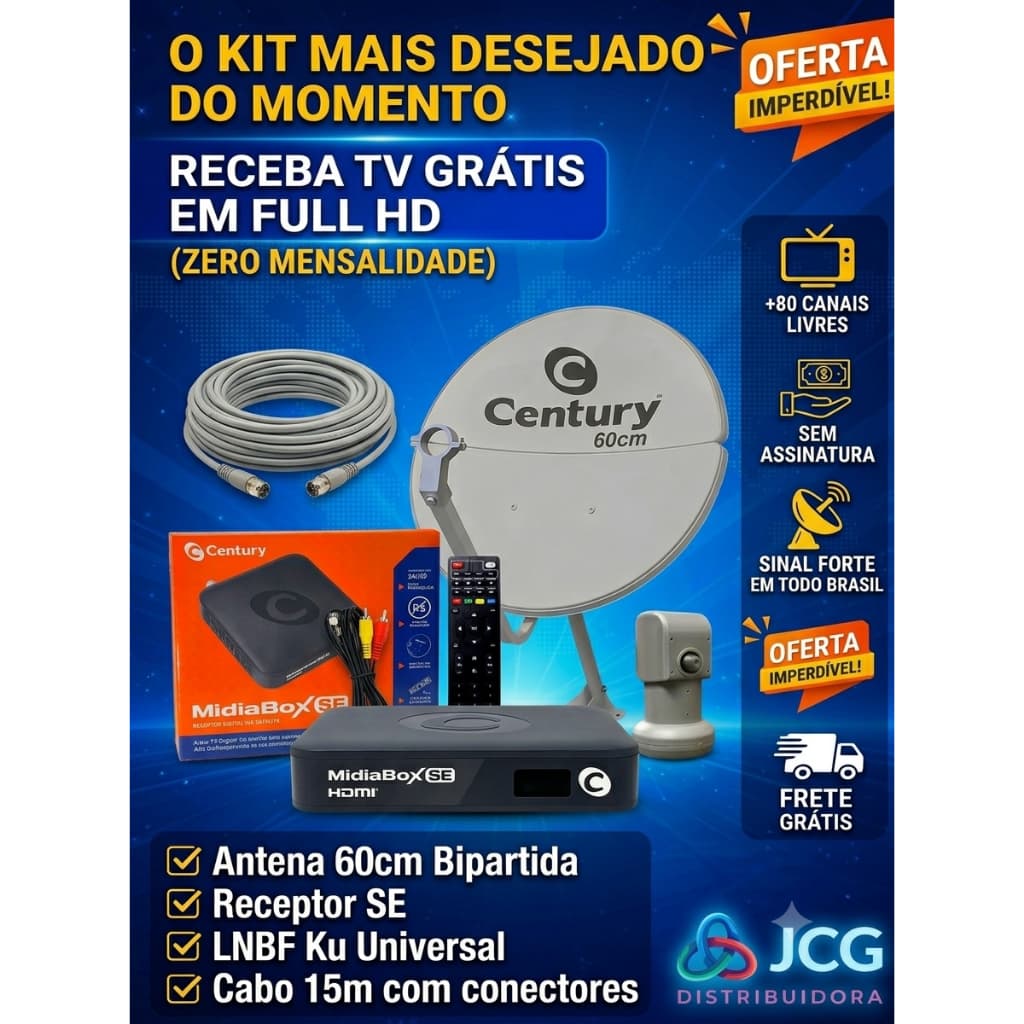 Kit Antena Ku 60cm Century Bipartida + Receptor MidiaBox SE Completo LNBF Cabo 15m Sem Mensalidade