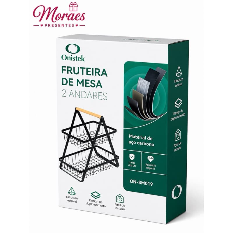 Fruteira de Mesa 2 Andares Onistek em aço carbono, moderna, resistente e ideal para organizar sua cozinha.