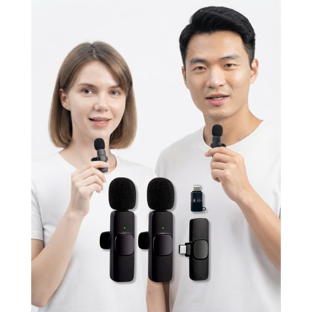 Kit 2 Microfones Lapela Sem Fio Profissional P/ iPhone E Android Conexão Plug And Play com Adaptador Wireless Vlogs
