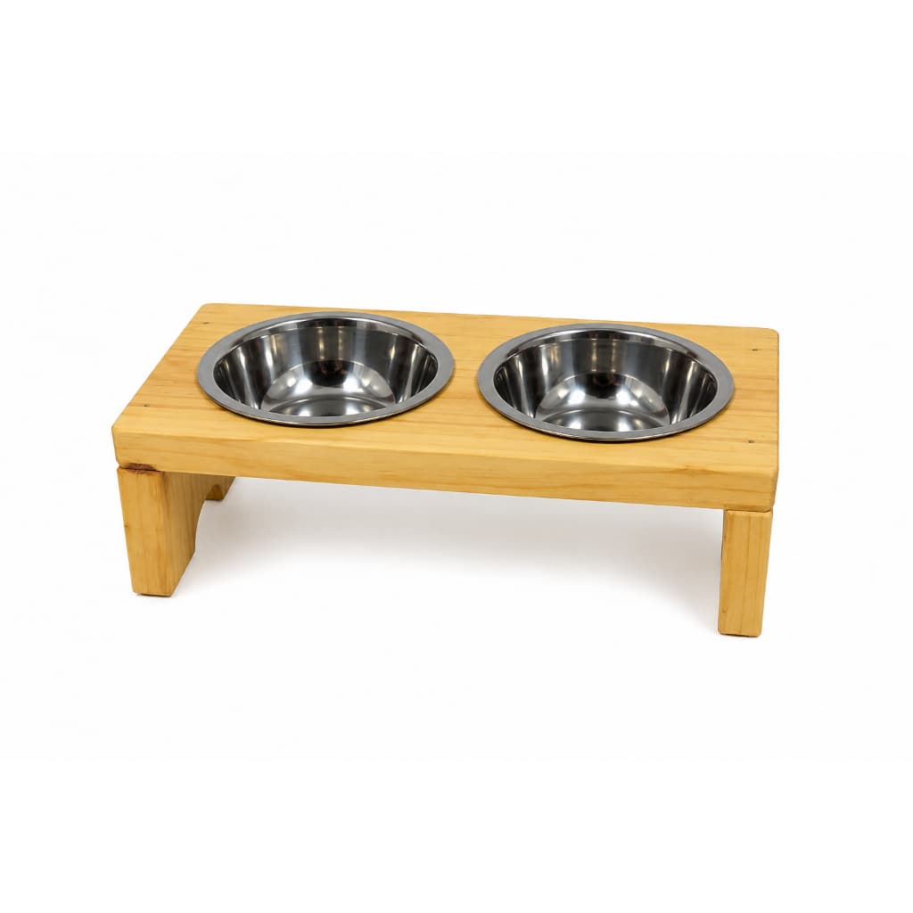 Comedouro Elevado Pet Duplo Pinus 410ml Cachorro Gato Pequeno Porte Madeira Ecológica 32x20x11cm