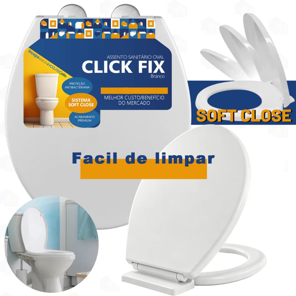 Assento Sanitário Formato Oval Click Tampa de Privada Polipropileno Fechamento Suave Soft Close -K7