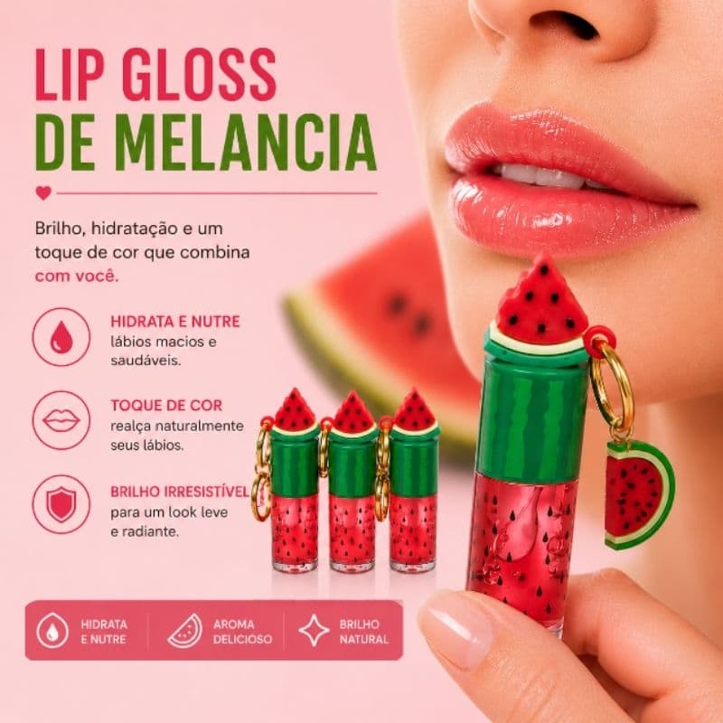 Lip Gloss Melancia com Chaveiro Hidratante Labial Brilho Labial Maquiagem