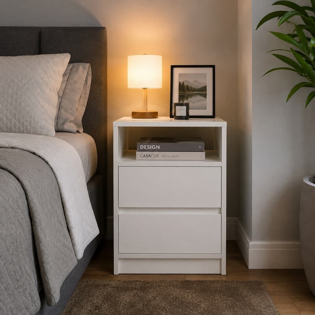 Mesa De Cabeceira 2 Gavetas e Nicho Rodinhas em Gel 40x60x30cm Mdf Branco Organizador Clean