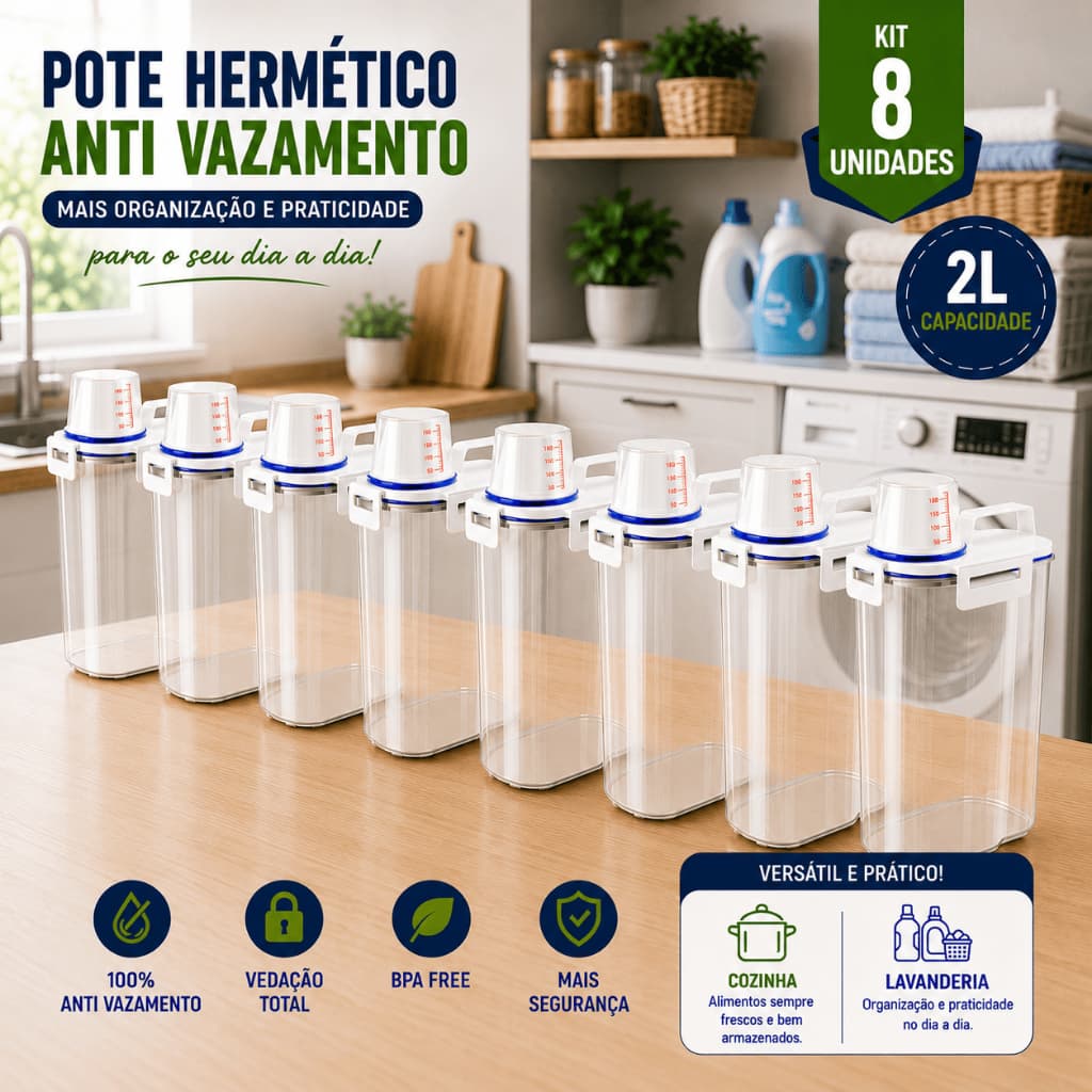 - Kit 8 Potes Hermético Grande 2 Litros com Bico Dosador e Copo Medidor Organizador Multiuso BPA Free