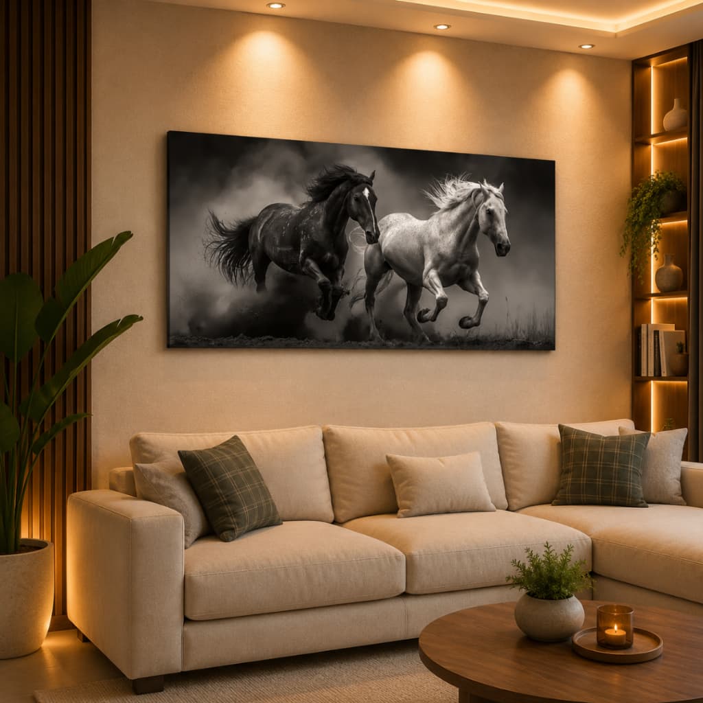 Quadro Decorativo Cavalos Preto Branco Selvagens 80x110cm Decoração de Parede Luxo Sala Quarto MDF