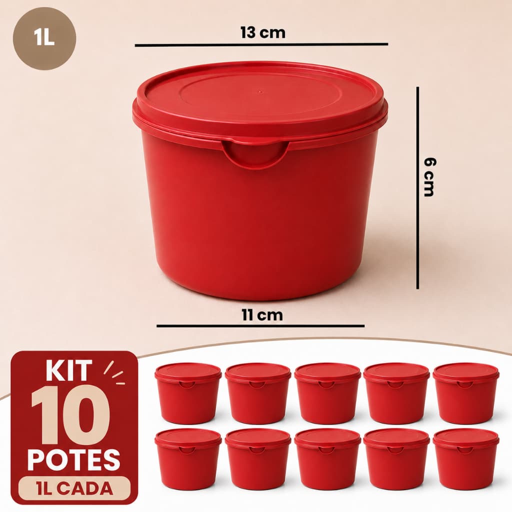 KIT 10 POTE REDONDO EMPILHAVEL VERMELHO MARMITA ORGANIZAÇÃO FITNESS COZINHA