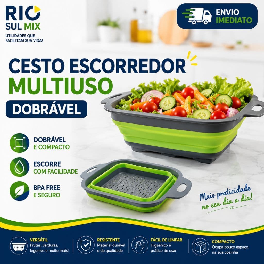Cesto Escorredor Multiuso Dobrável Em Silicone  Resistente Para Massas Frutas e Legumes