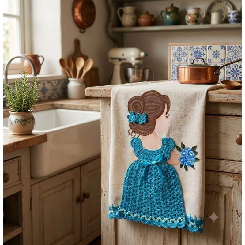 Pano de prato pintado a mão boneca com vestido de crochê, bonequinha com vestidinho de crochê