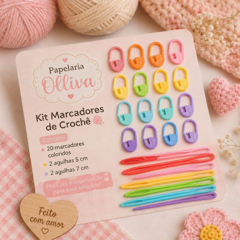 kit com 20 marcadores de crochê + 4 agulhas