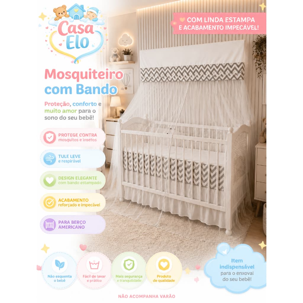 Mosquiteiro Berço Americano Premium com Bando Tule Branco Sem Varal