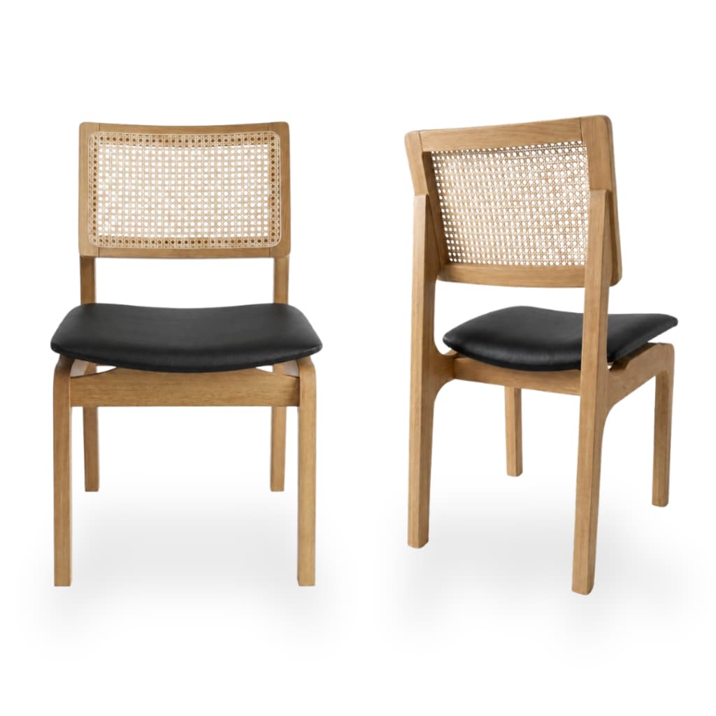 Kit Com 2 Cadeiras Para Sala de Jantar Em Madeira Maciça Couro Preto Rattan Courino Mel Preto