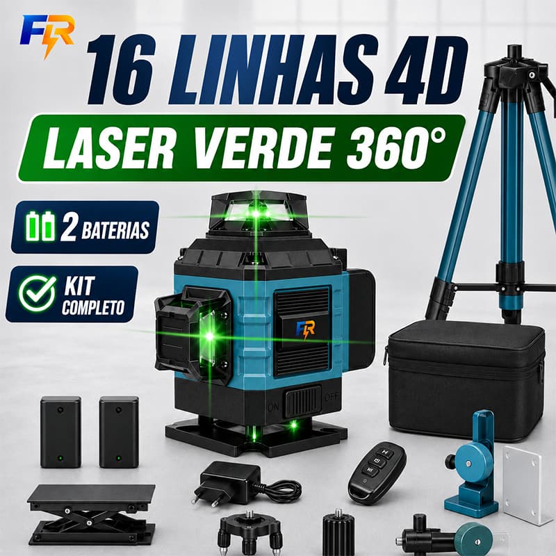 Nível Laser Verde 16 Linhas 4D 360° Autonivelante com 2 Baterias Controle Remoto Tripé e Maleta