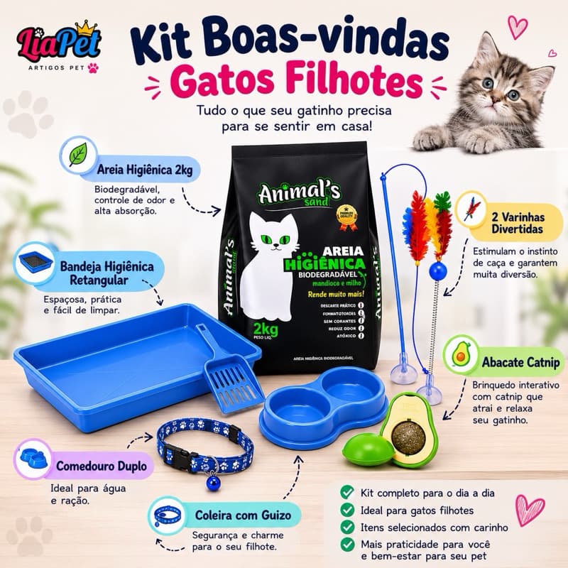 Kit Boas-Vindas para Gatos Filhotes | Kit Higiênico + Areia 2kg + Abacate Catnip + 2 Varinhas + Coleira com Guizo