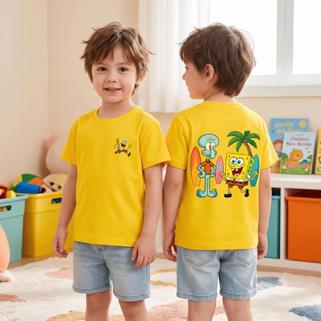 Camiseta Infantil Estampa Bob Esponja e Lula Molusco