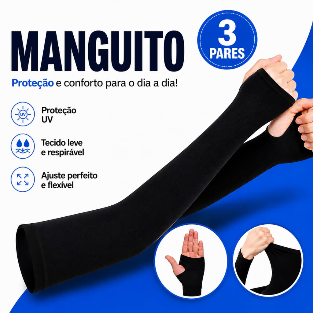 Kit 3 Pares de Manguito Ciclista Proteção Uv Braço Respirável Mangote com Dedo Unissex