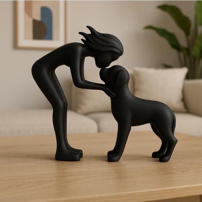 Escultura Mulher e Cachorro Laço Eterno Estátua Decorativa Moderna e Minimalista