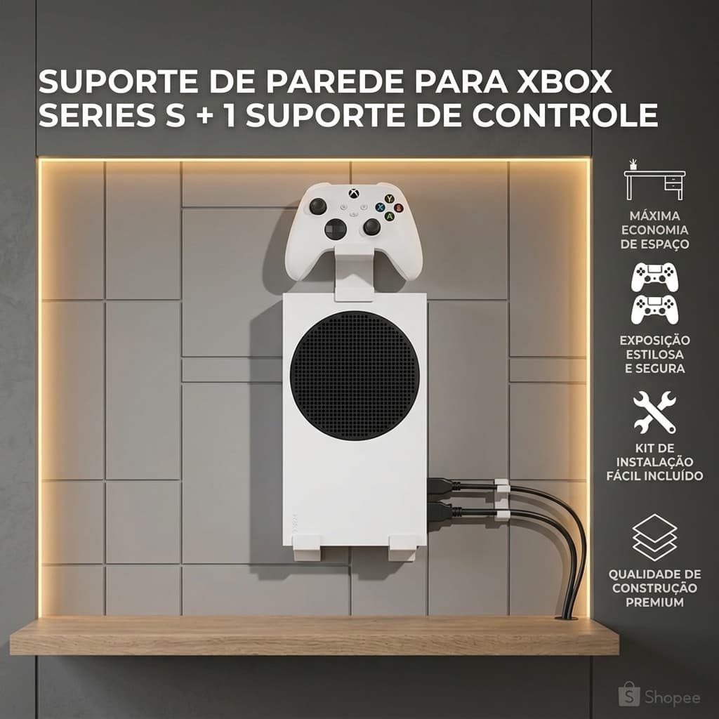 Suporte de Parede para Xbox Series S + 1 Suporte Para Controle + Kit Instalação