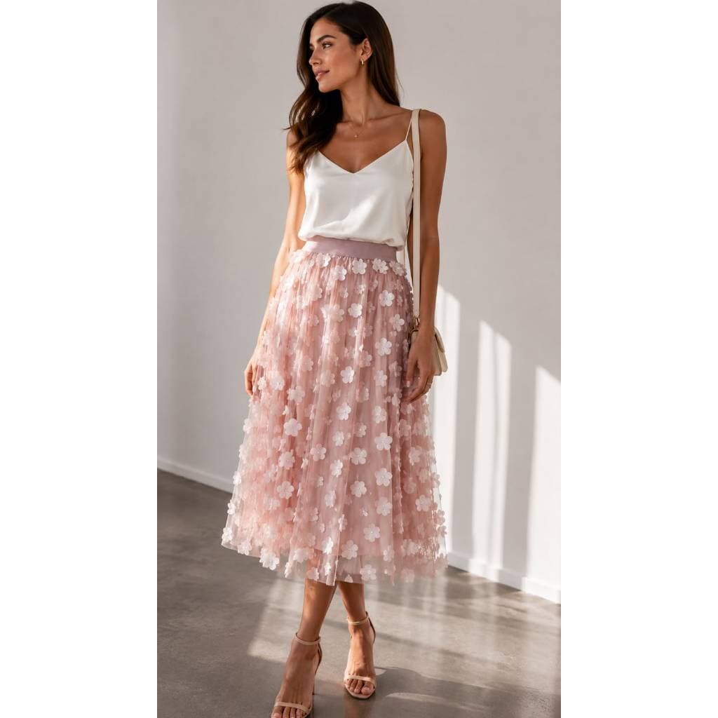 Saia Midi Feminina Tule Plissada Floral Evasê Cós Elástico - Elegante Festa Delicada