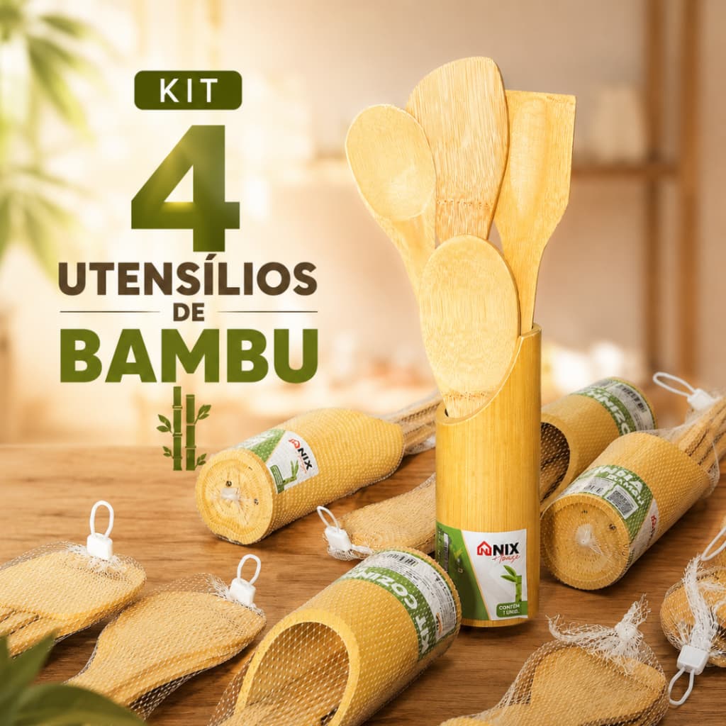 Kit 5 Utensilio de Cozinha de Bambu Colher De Pau (4 talheres + suporte) Casa Colheres Madeira