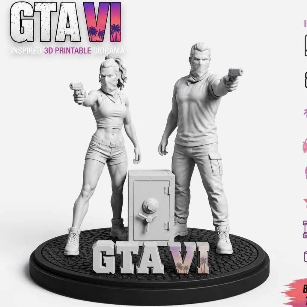 Diorama GTA VI Vice City Heist | Escultura Colecionável 3D | Decoração Gamer Exclusiva | Presente Geek
