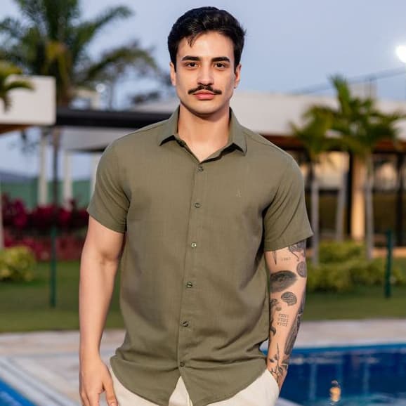 Camisa Masculina Social Linho Manga Curta Ver茫o P ao XG Leve Sofisticada e Respir谩vel