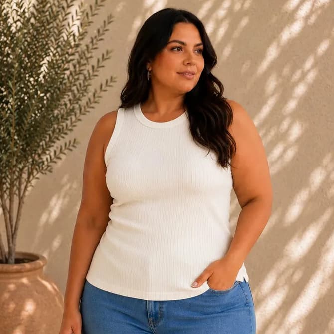 Blusinha Regata Feminina Plus Size Alça Larga Canelada Ajustada Gola Redonda Blogueira Extra Grande