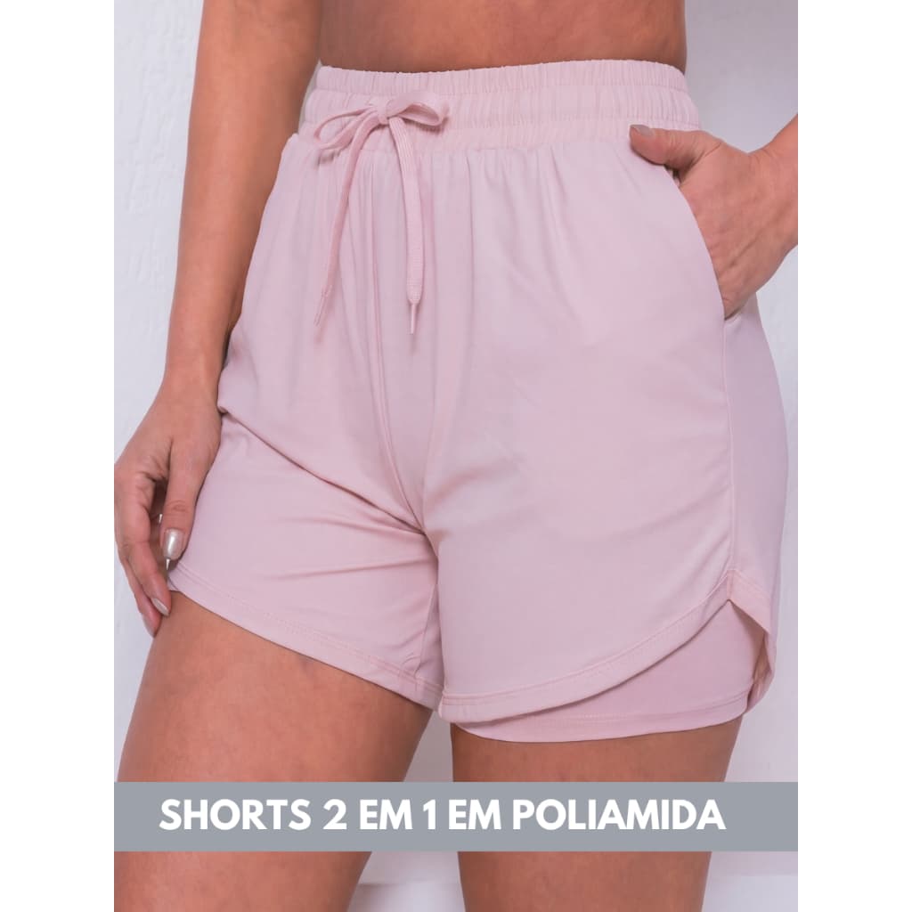 Short Duplo Poliamida com Bolso Lateral Dentro e Fora com Forro Feminino Uso Academia Casual Fitness Shorts Solto