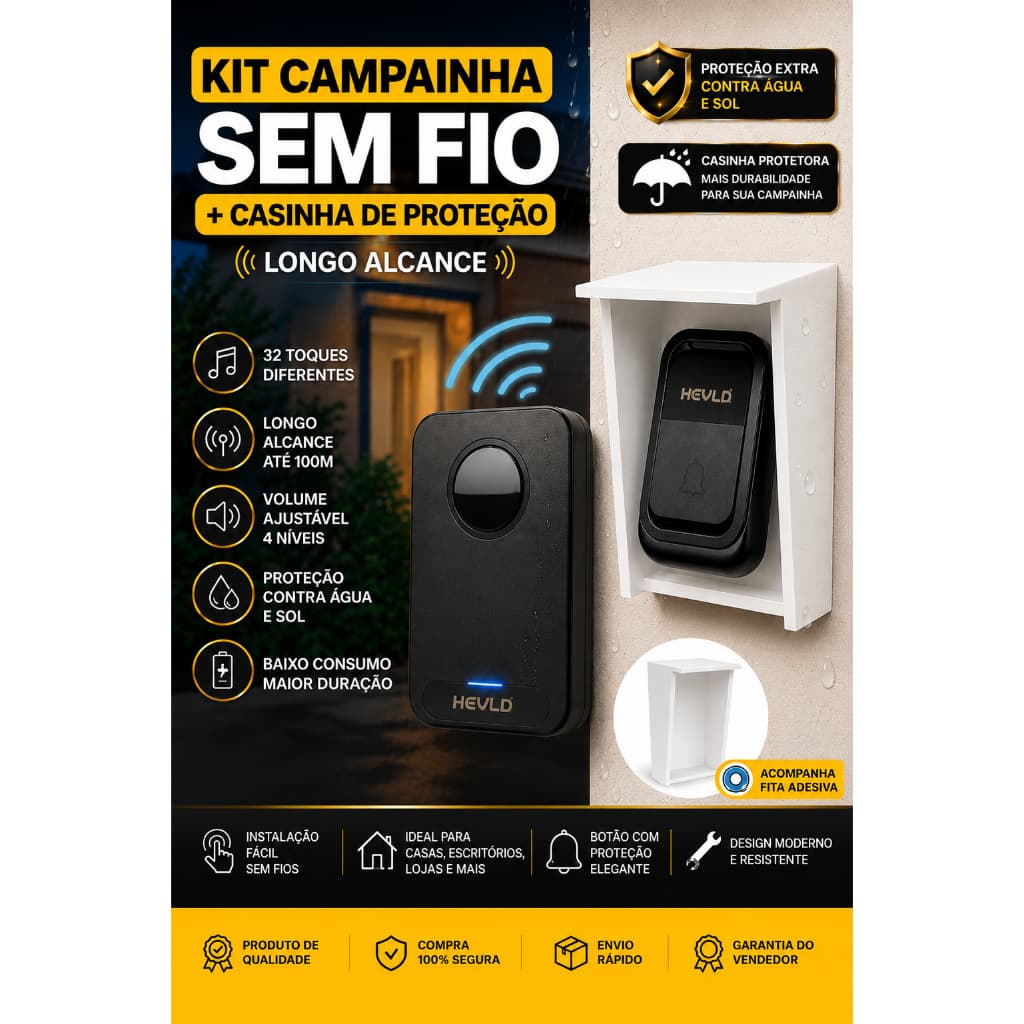 Kit Campainha Residencial Sem Fio 32 Toques + Casinha Protetora do Botão Contra Água e Chuva