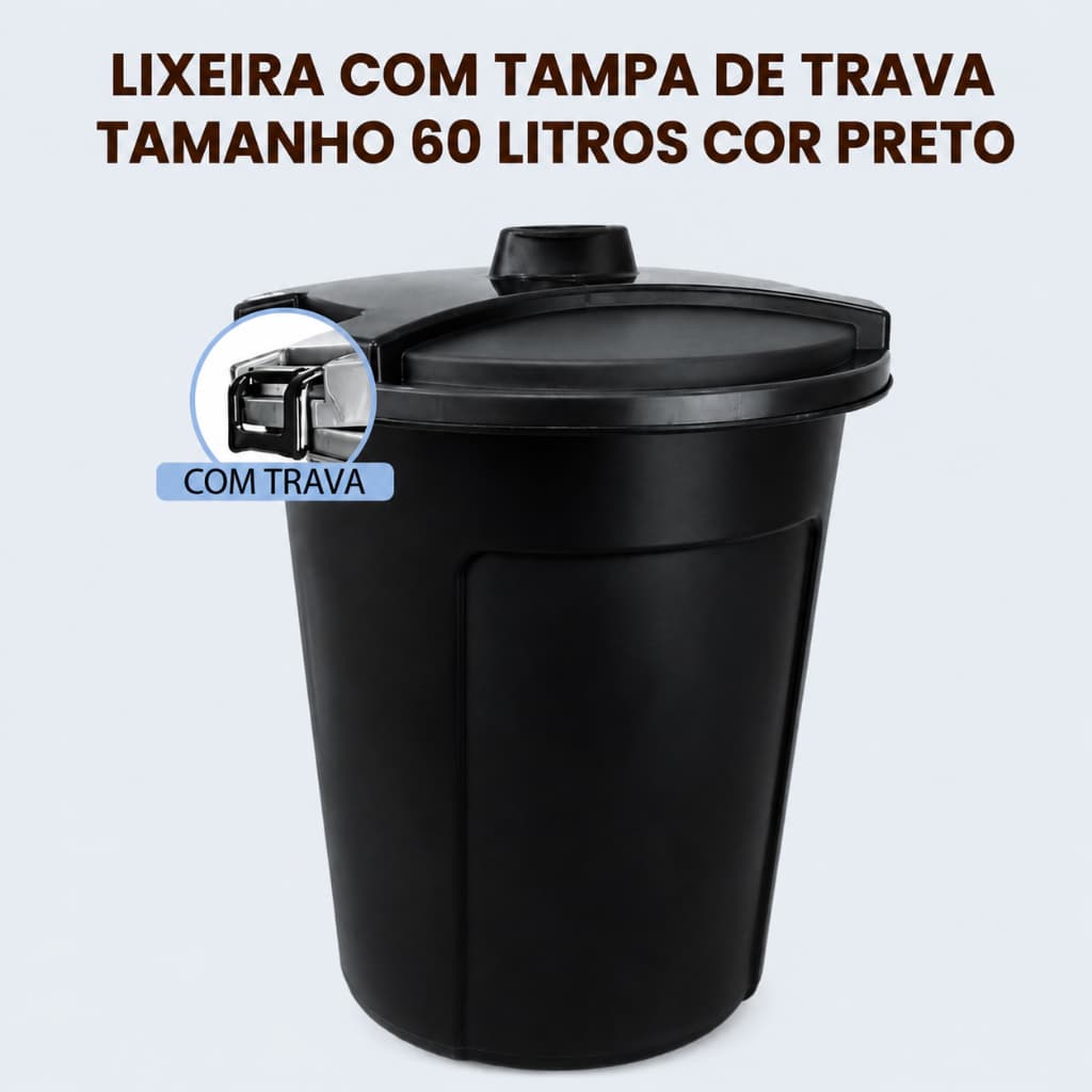 Lixeira Preta Tampa Travas 60 Litros Organizador Roupas Brinquedos Água