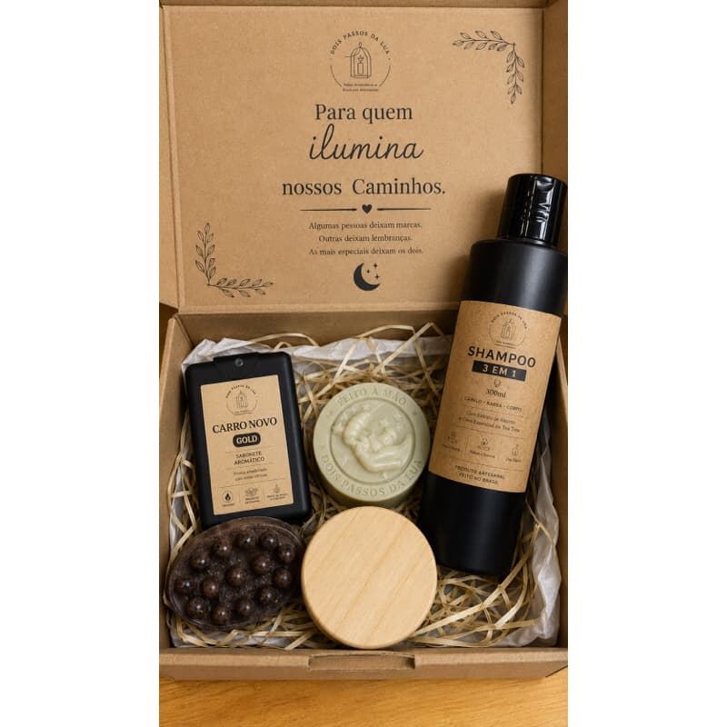 Kit Autocuidado Masculino Presente com Shampoo 3 em 1, Vela Aromática, Sabonetes Artesanais e Spray Automotivo