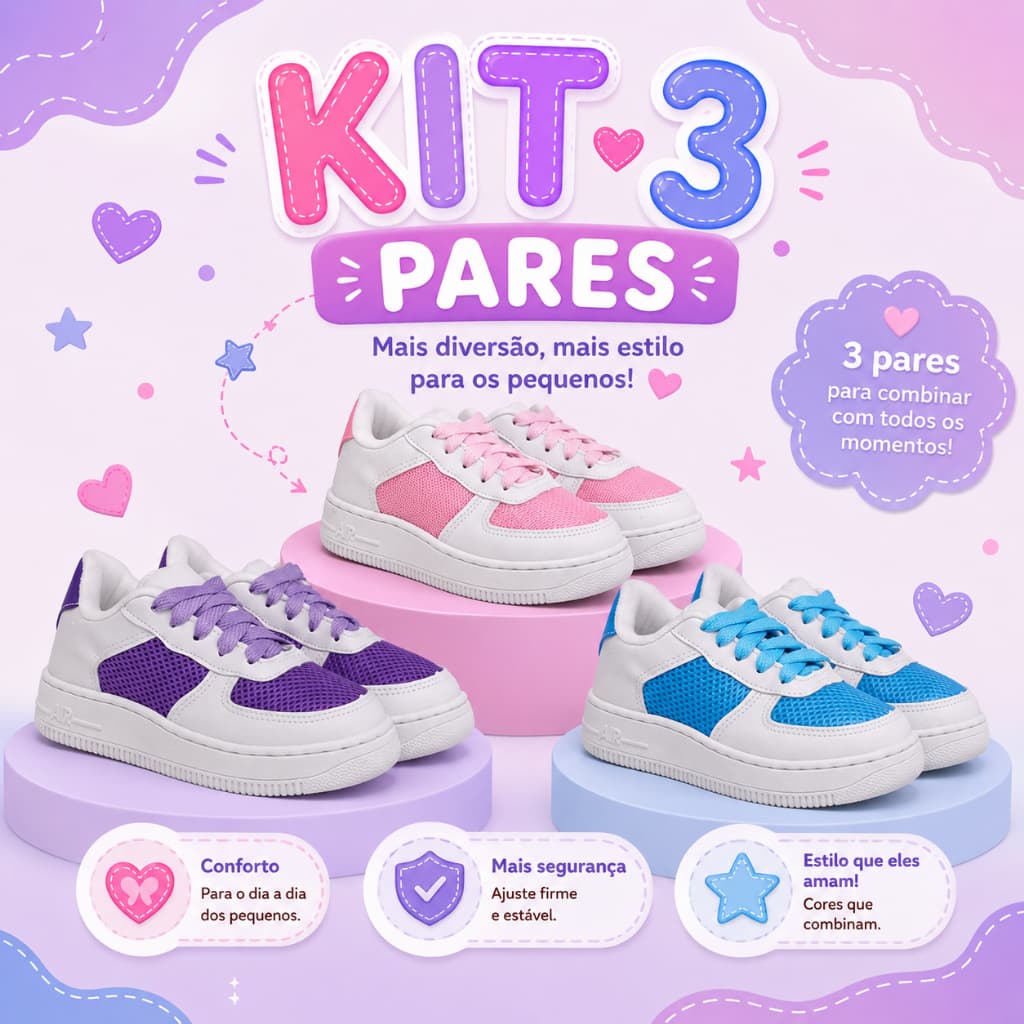 Kit 3 Pares Tênis Infantil Menina e Menino Casual Confortável