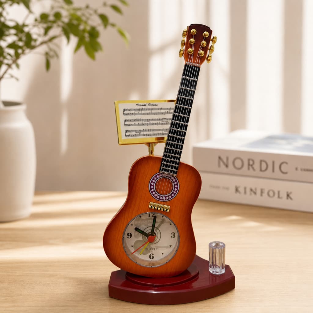 Relógio De Mesa Porta Caneta Formato Violão Decoração Para Casa Escritírio Presente