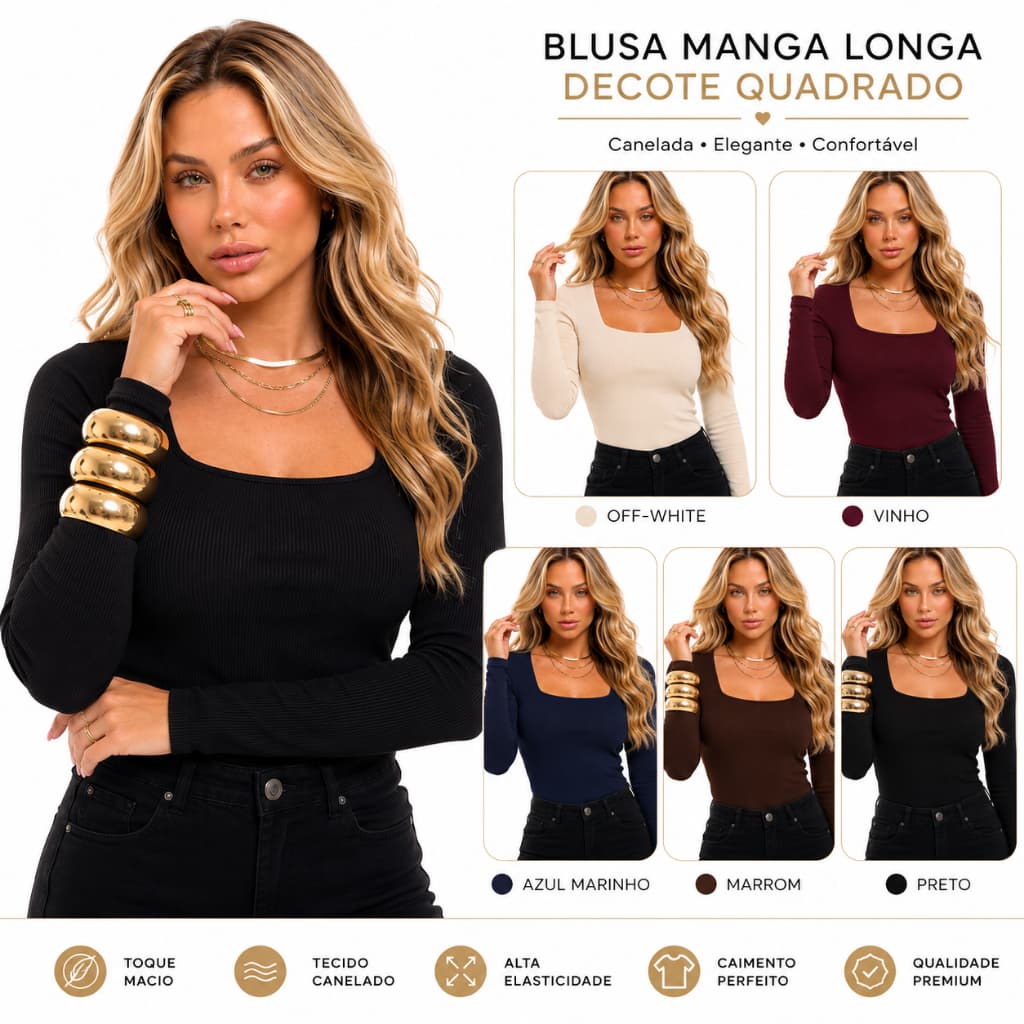 Kit Blusas Femininas Caneladas Manga Longa Decote Quadrado Básicas Casuais Elegantes Inverno