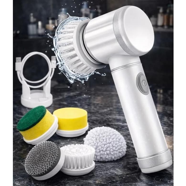 Escova Elétrica de Limpeza 5 em 1 Recarregável USB com 5 Acessórios para Banheiro e Cozinha
