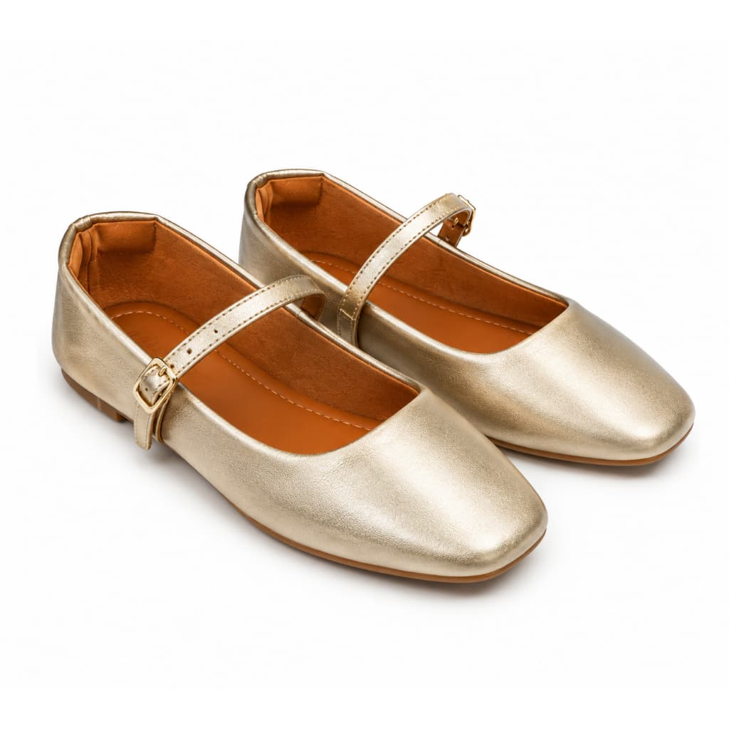 Sapatilha Boneca Feminina Bico Quadrado Sapato Feminino Dourado