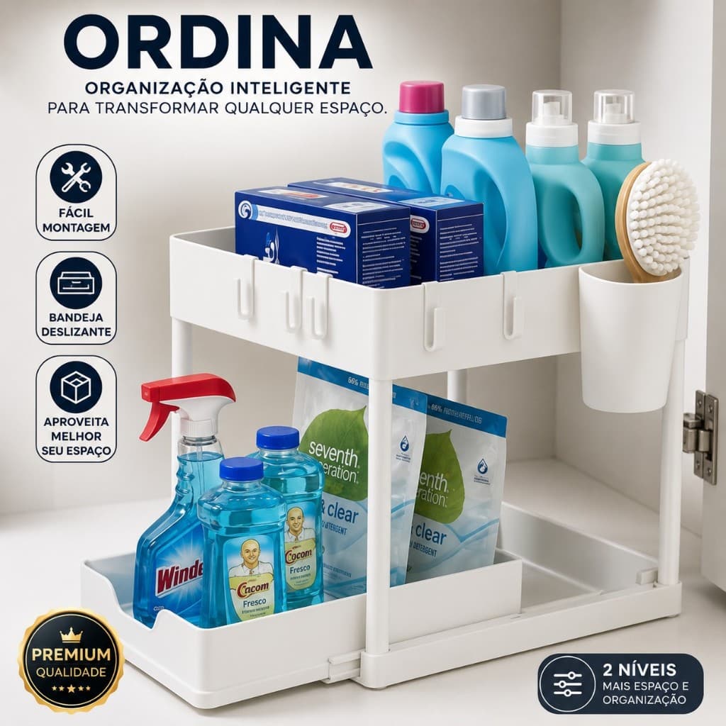 Organizador Multiuso 2 Níveis com Bandeja Corrediça para Armário Cozinha Banheiro Lavanderia Branco