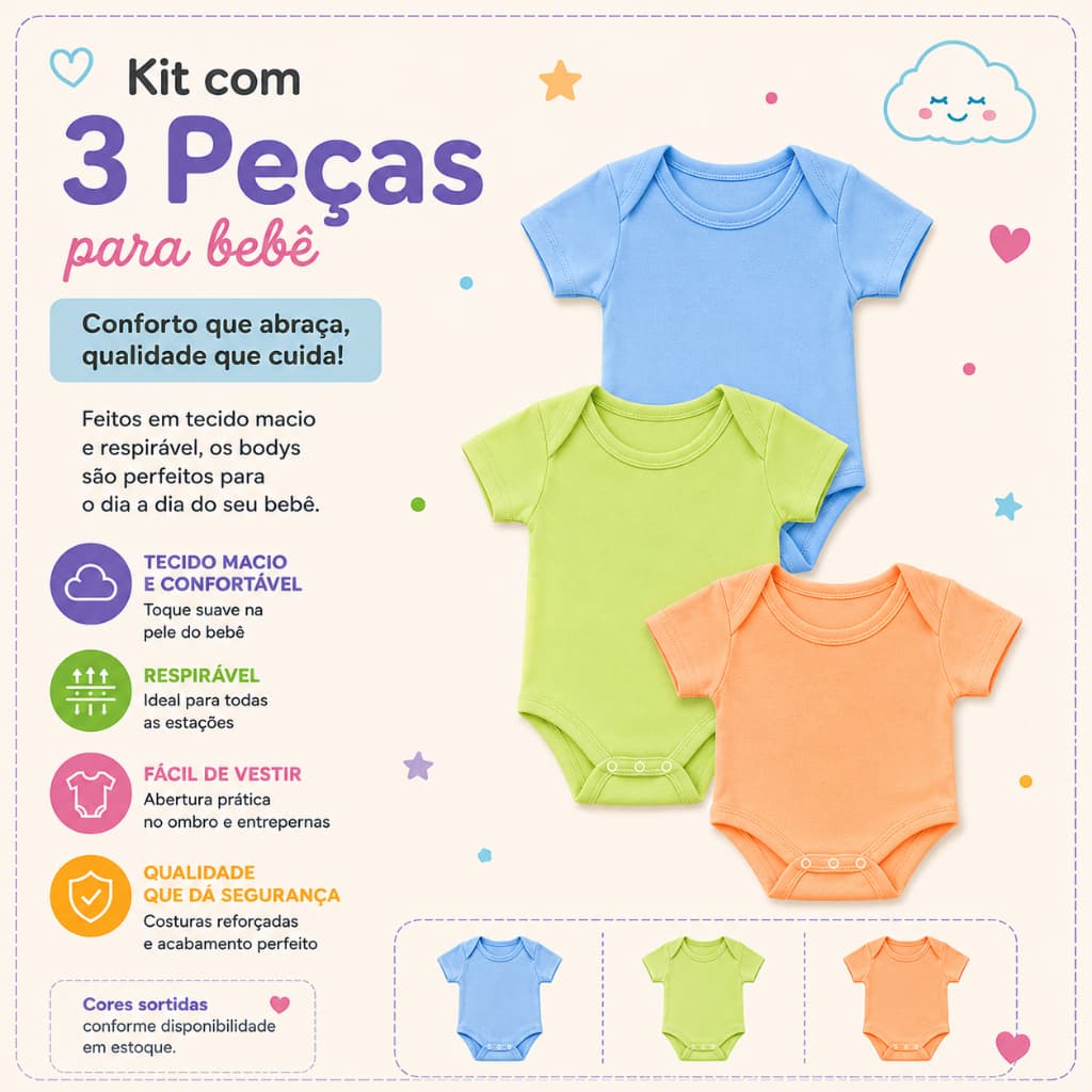 Kit 3 peças 3 body neném manga curta ideal para o verão bory calor