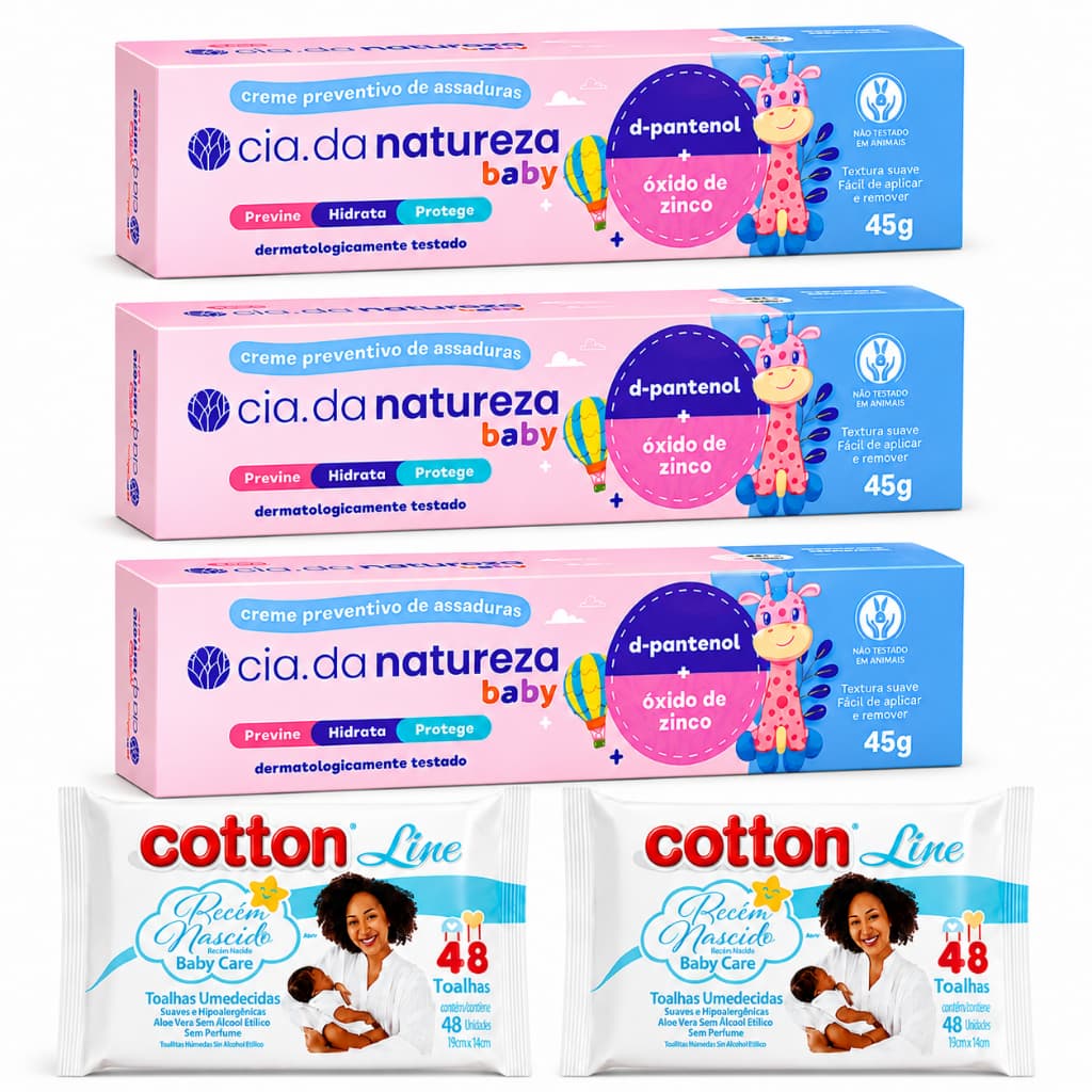 Kit 3 Pomadas Assadura Bebê Cia da Natureza Baby 45g + 2 Toalhas Umedecidas 48 Un