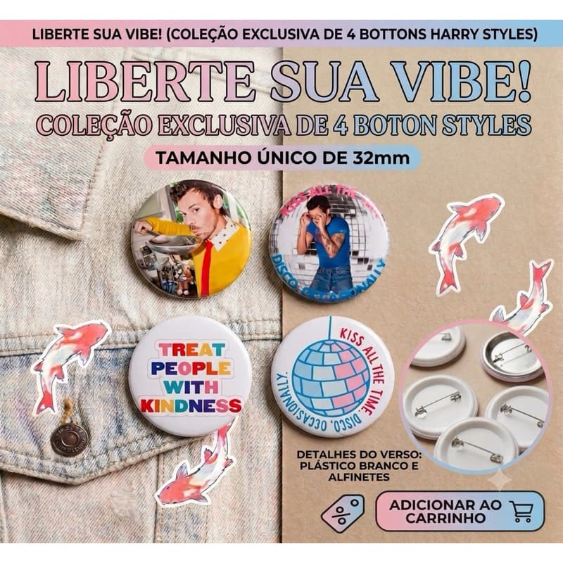 Kit 4 Bottons Harry Styles 32mm Broches TPWK Treat People With Kindness Music For A Sushi Restaurant Disco