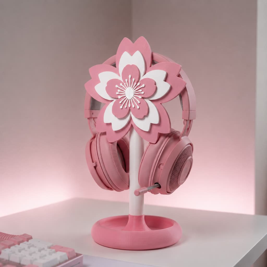 Suporte para Headset Sakura Flower Apoio de Fone Gamer Rosa Kawaii Flor de Cerejeira Decoração Setup Mesa PC Rosa Branco