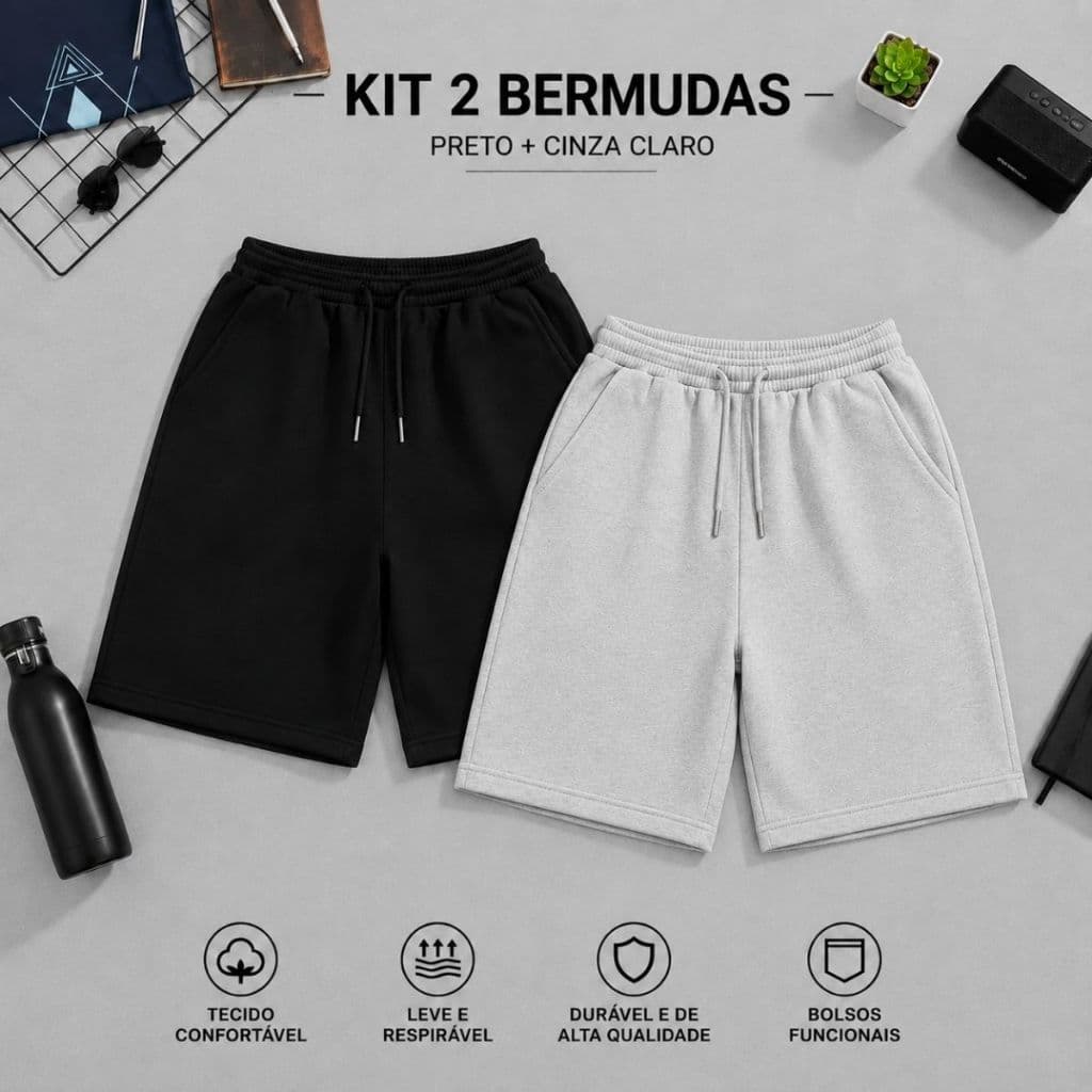 KIT 2 Bermuda de Moletom Com Amarraçã o Elástico Shorts Academia Treino Verão Bolsos Fundos do tamanho P ao GG