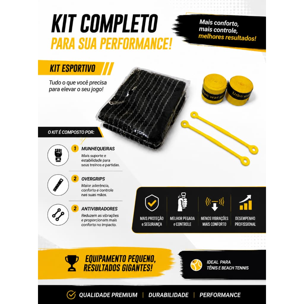 Kit Tênis Completo Urban War – 2 Munhequeiras + 2 Overgrips + 2 Antivibradores | Conforto, Controle e Performance