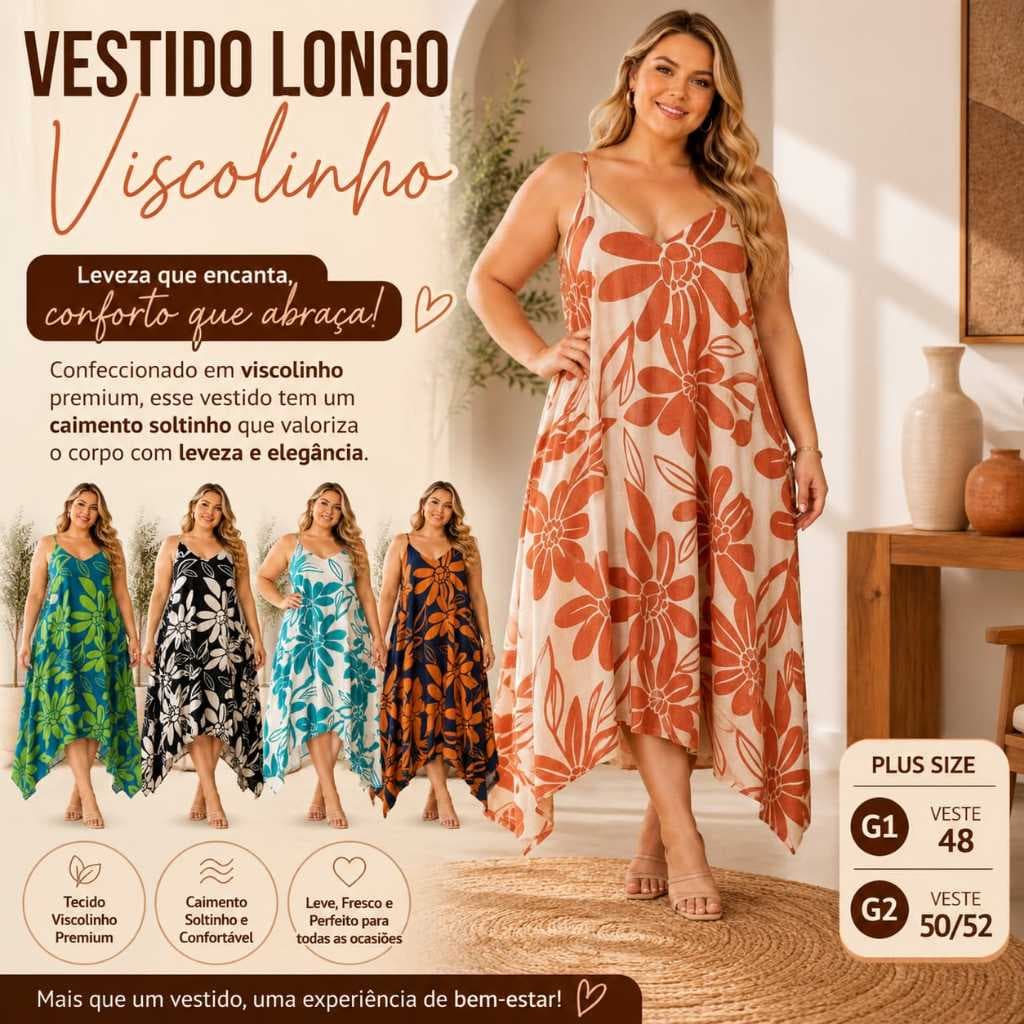 Vestido Longo Feminino Plus Size Alças Finas Viscolinho  Estampado Tecido Leve  Confortável G1 G2