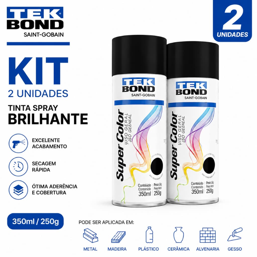 Kit 2 Tinta Spray Super Color Preto Brilhante Tekbond 350ml