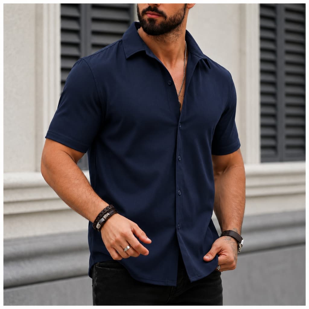 Camisa Social Masculina Manga Curta Slim Fit Elegante